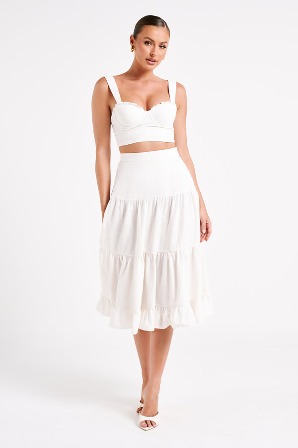 Hilaria Tiered Linen Midi Skirt - White - MESHKI