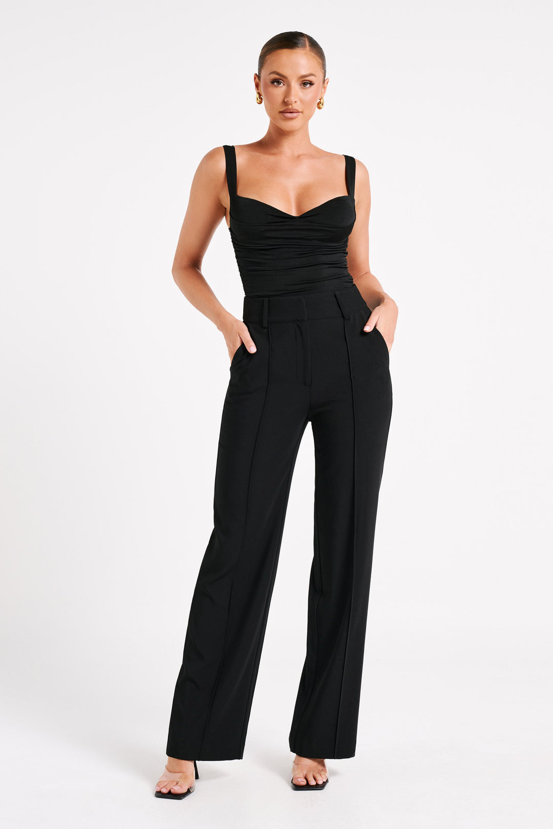 Lisa High Waist Suiting Trousers - Black- MESHKI U.S