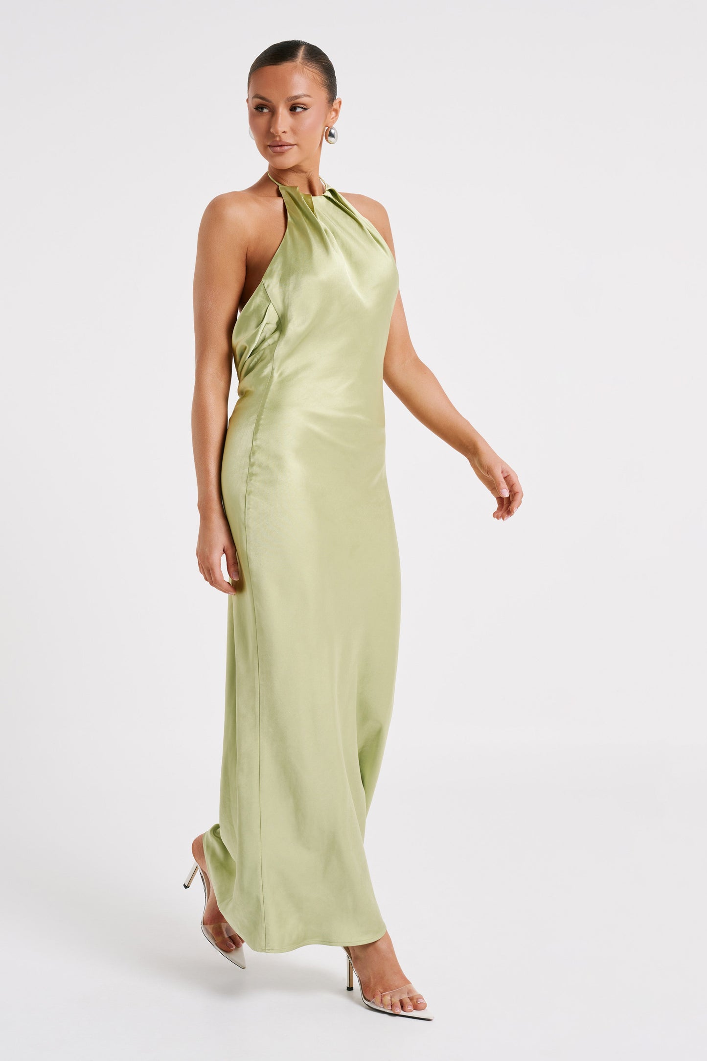 Sammy Satin Halter Maxi Dress - Pistachio