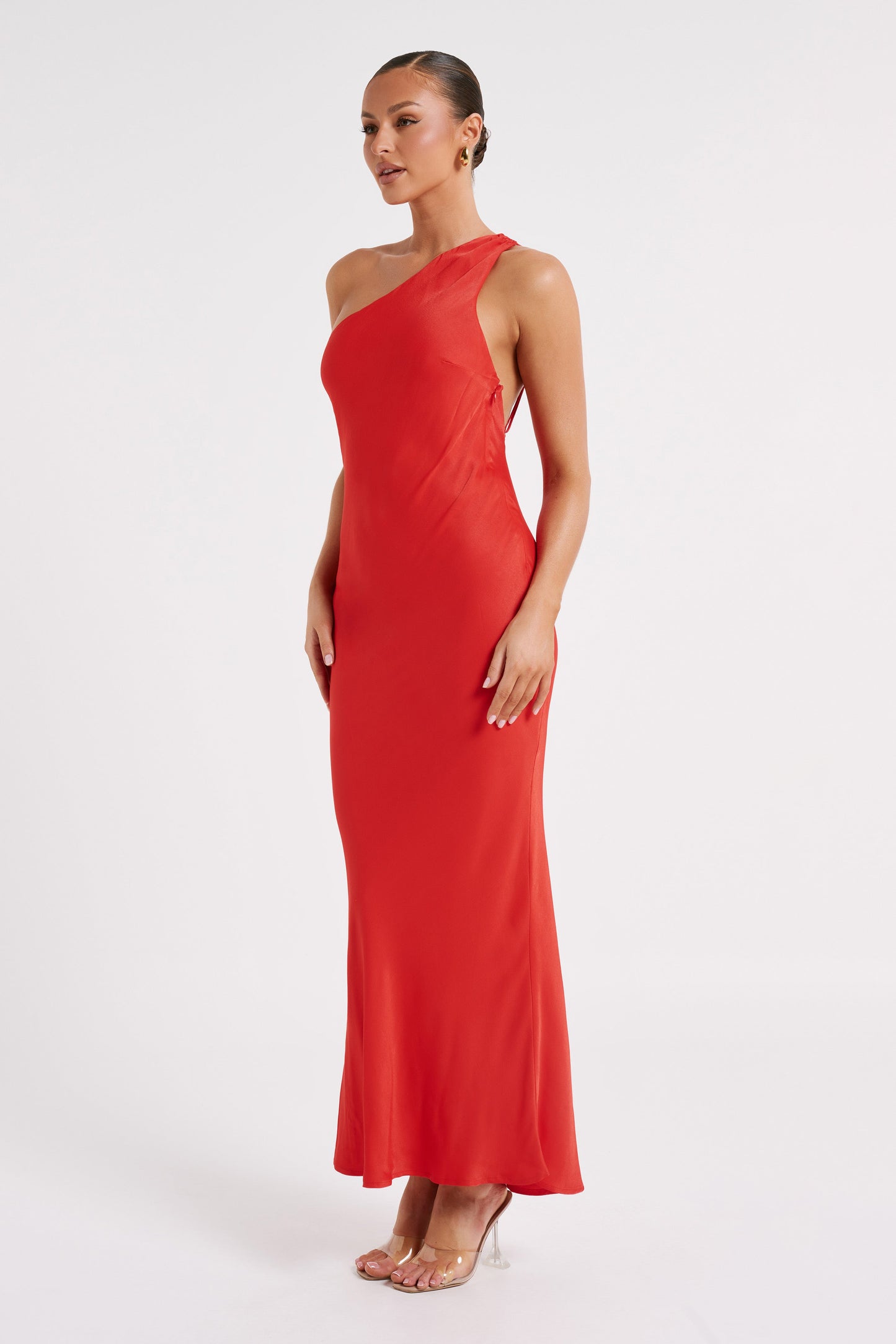 Alejandra One Shoulder Satin Maxi Dress - Vermilion Red