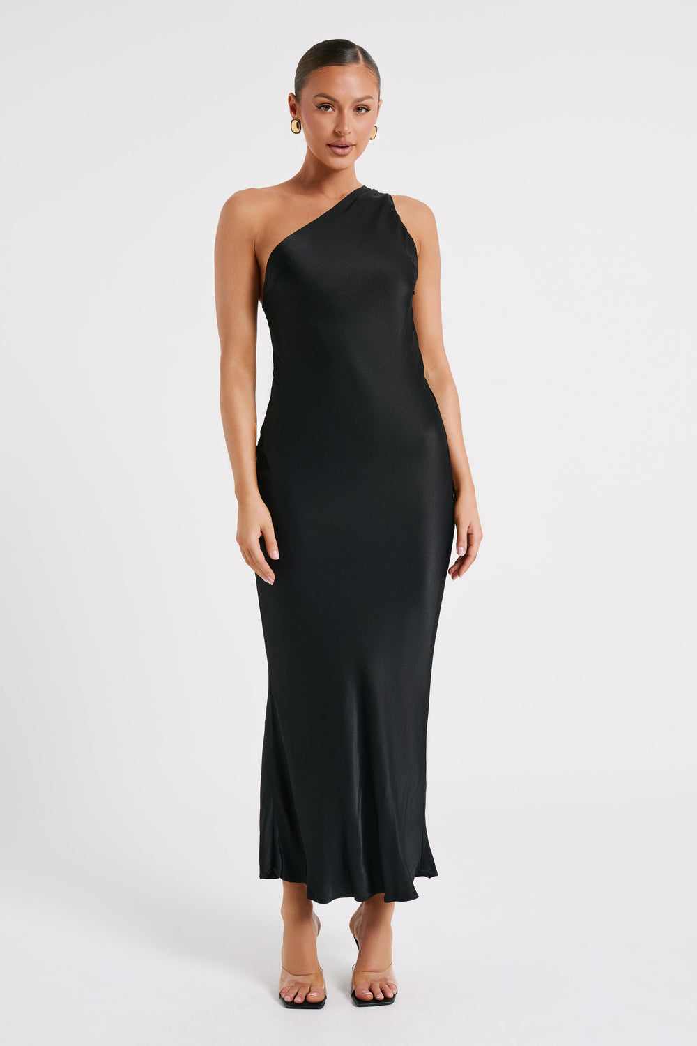 Alejandra One Shoulder Satin Maxi Dress - Black - MESHKI U.S