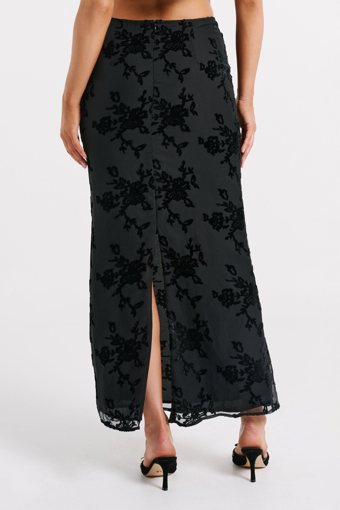 Mona Burnout Velvet Maxi Skirt - Black