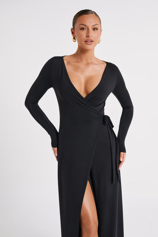 Gillian Recycled Nylon Wrap Maxi Dress - Black