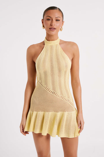 Mixed Yarn Halter Mini Dress - Lemon