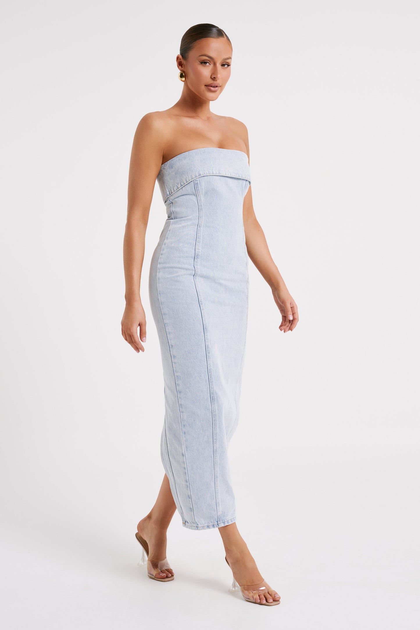 Katherine Strapless Denim Midi Dress - Light Blue