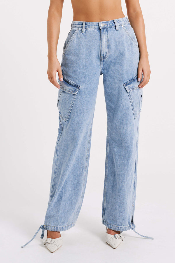 Thelma Relaxed Denim Cargo Pants - Mid Blue - MESHKI U.S