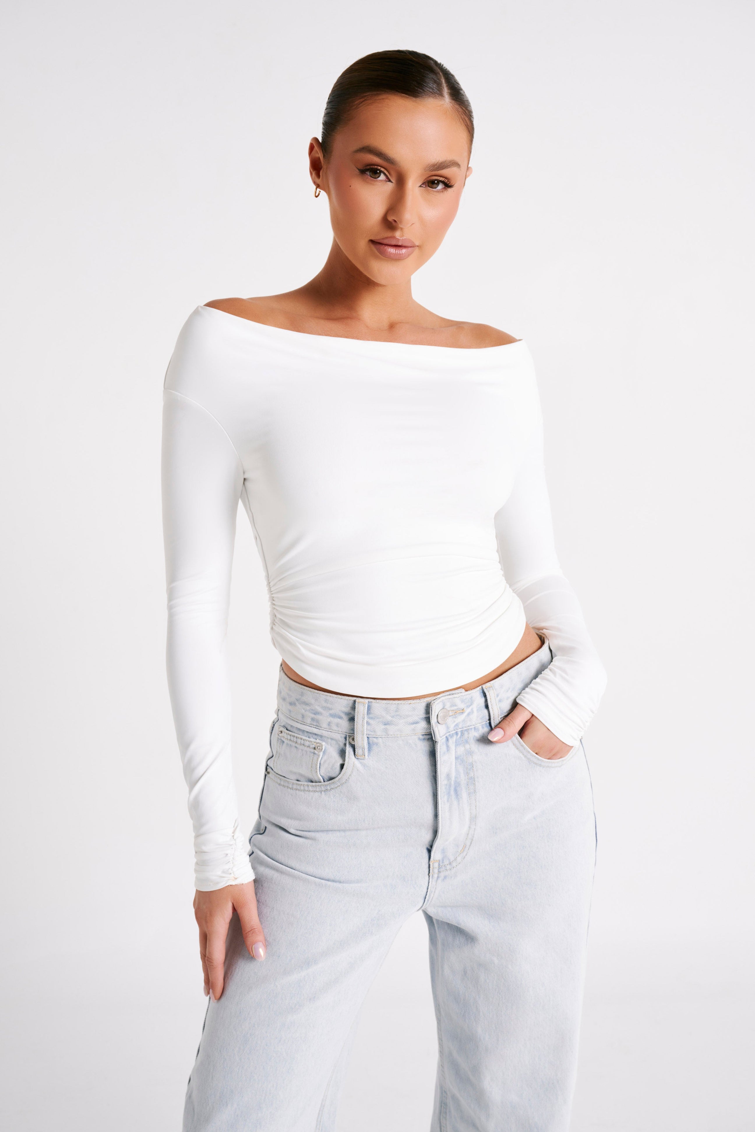 Emma Recycled Nylon Long Sleeve Top - White- MESHKI U.S