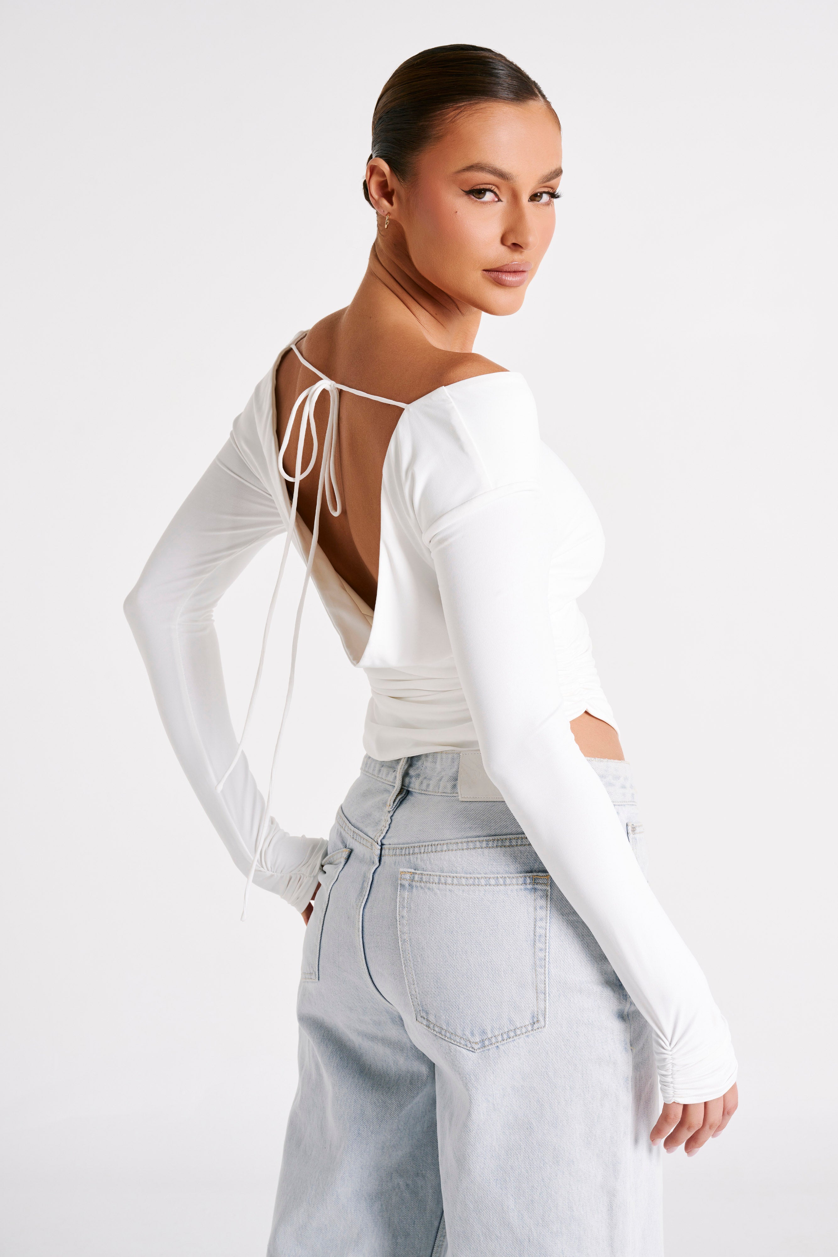 Emma Recycled Nylon Long Sleeve Top - White- MESHKI U.S