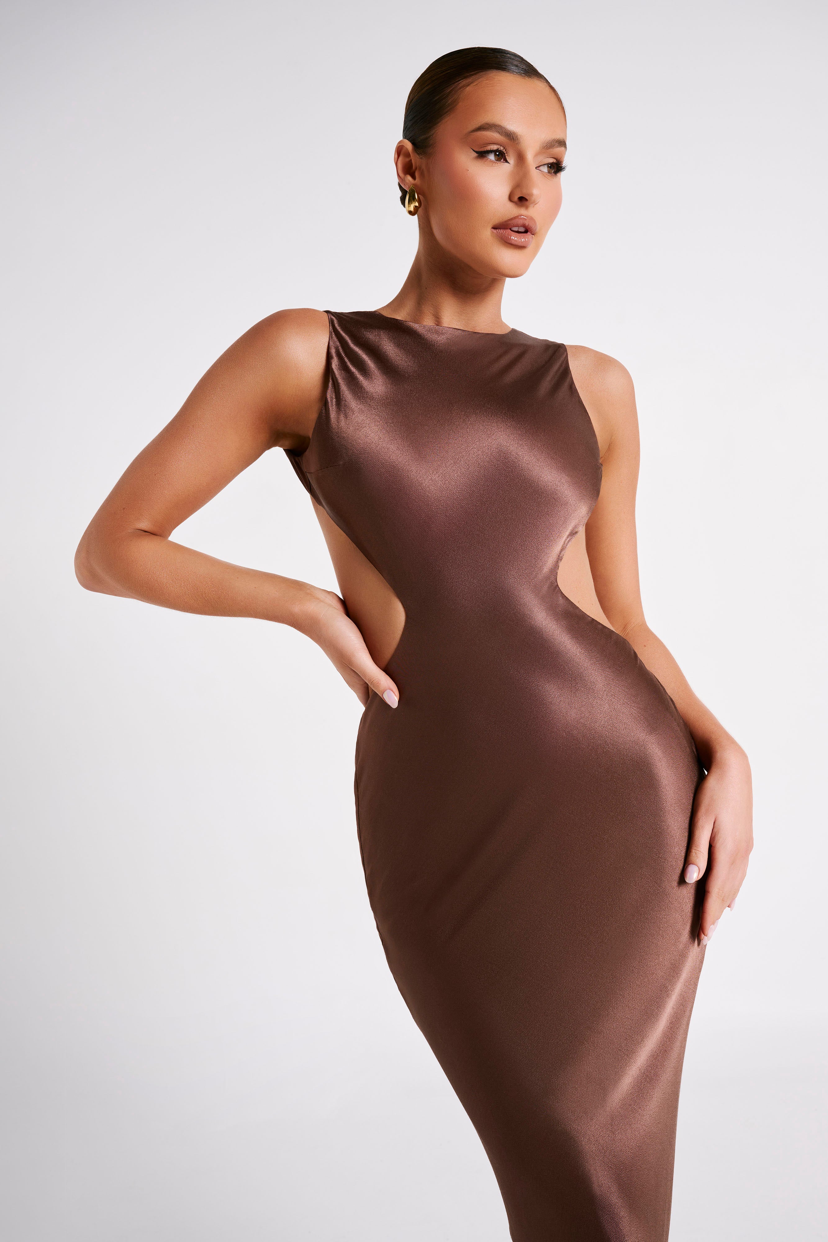 Electra Satin Cut Out Maxi Dress - Mocha | MESHKI US