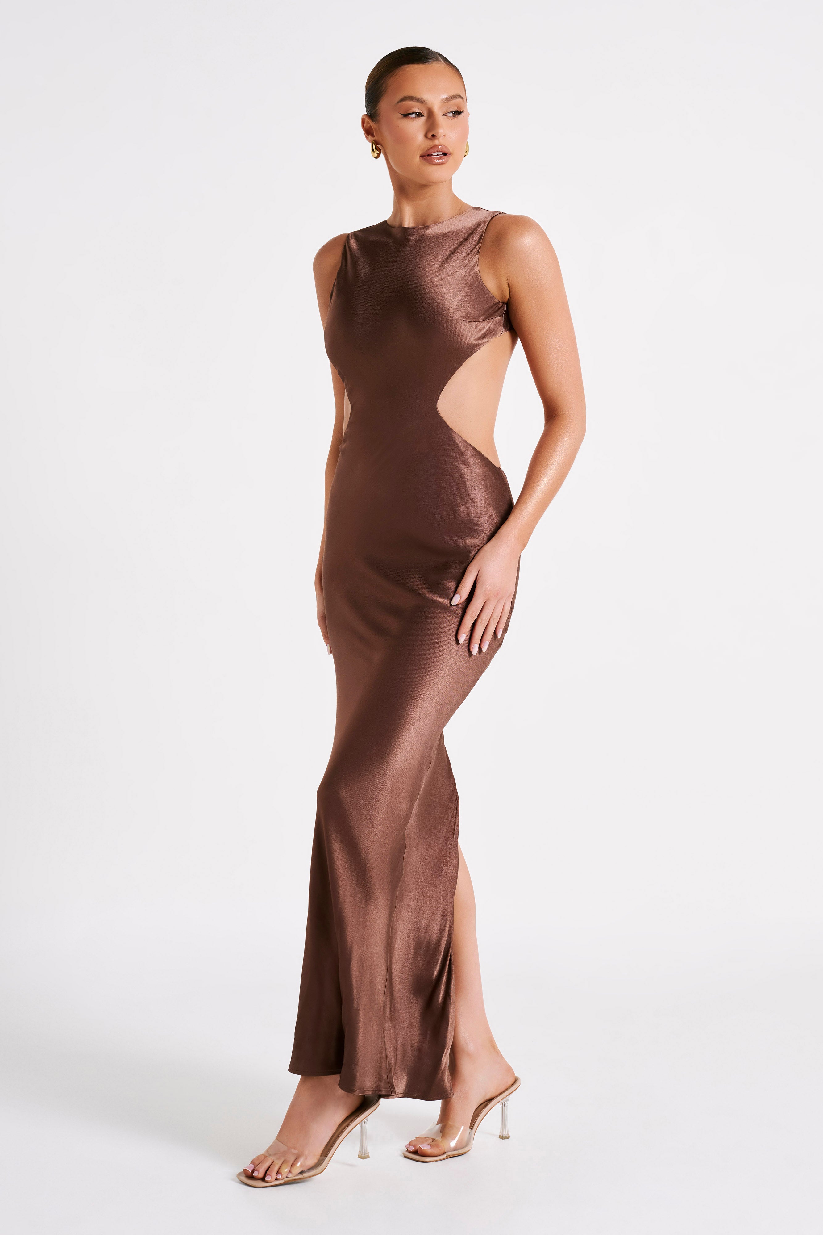 Electra Satin Cut Out Maxi Dress - Mocha | MESHKI US