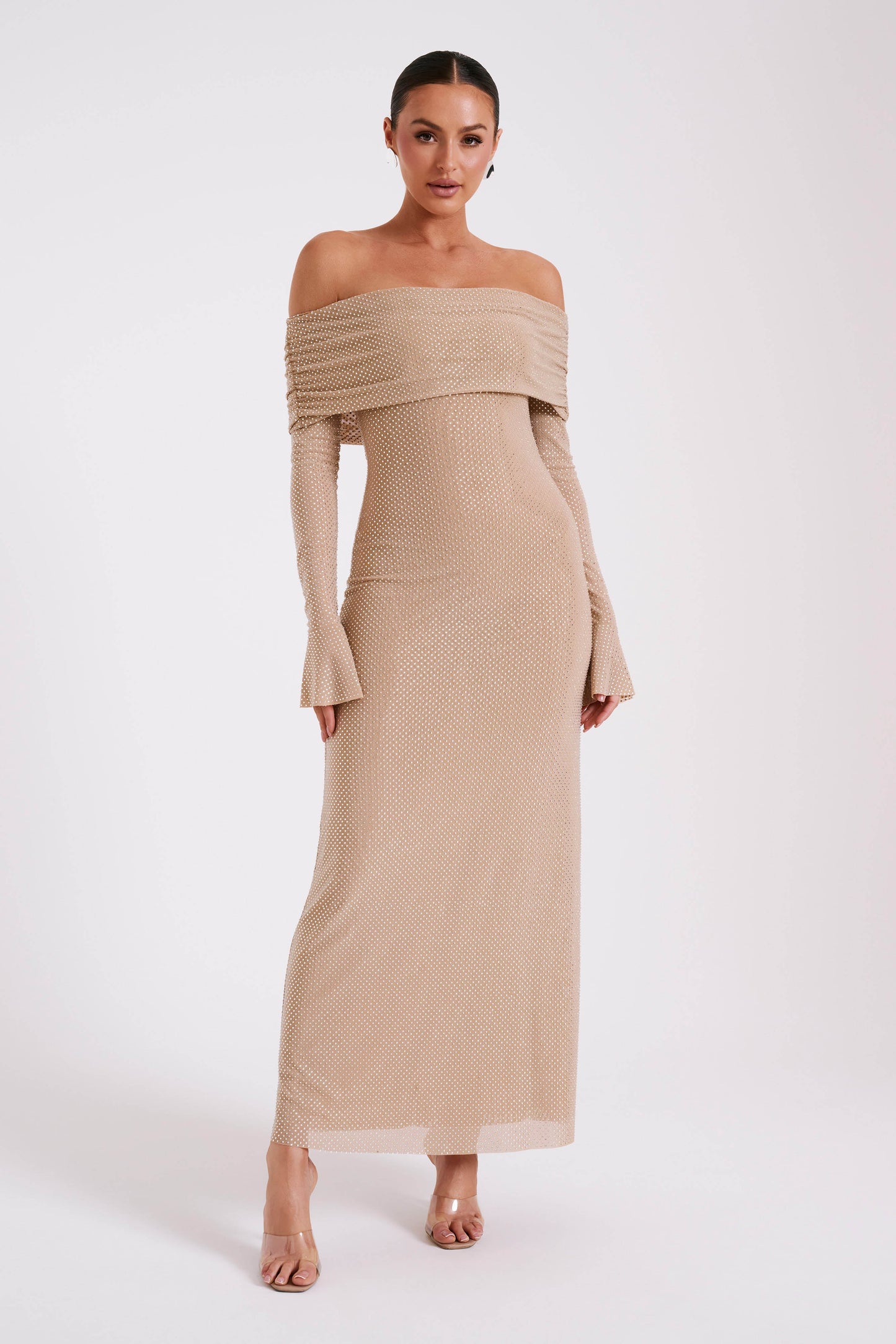 Marcel Off Shoulder Diamante Maxi Dress - Nude