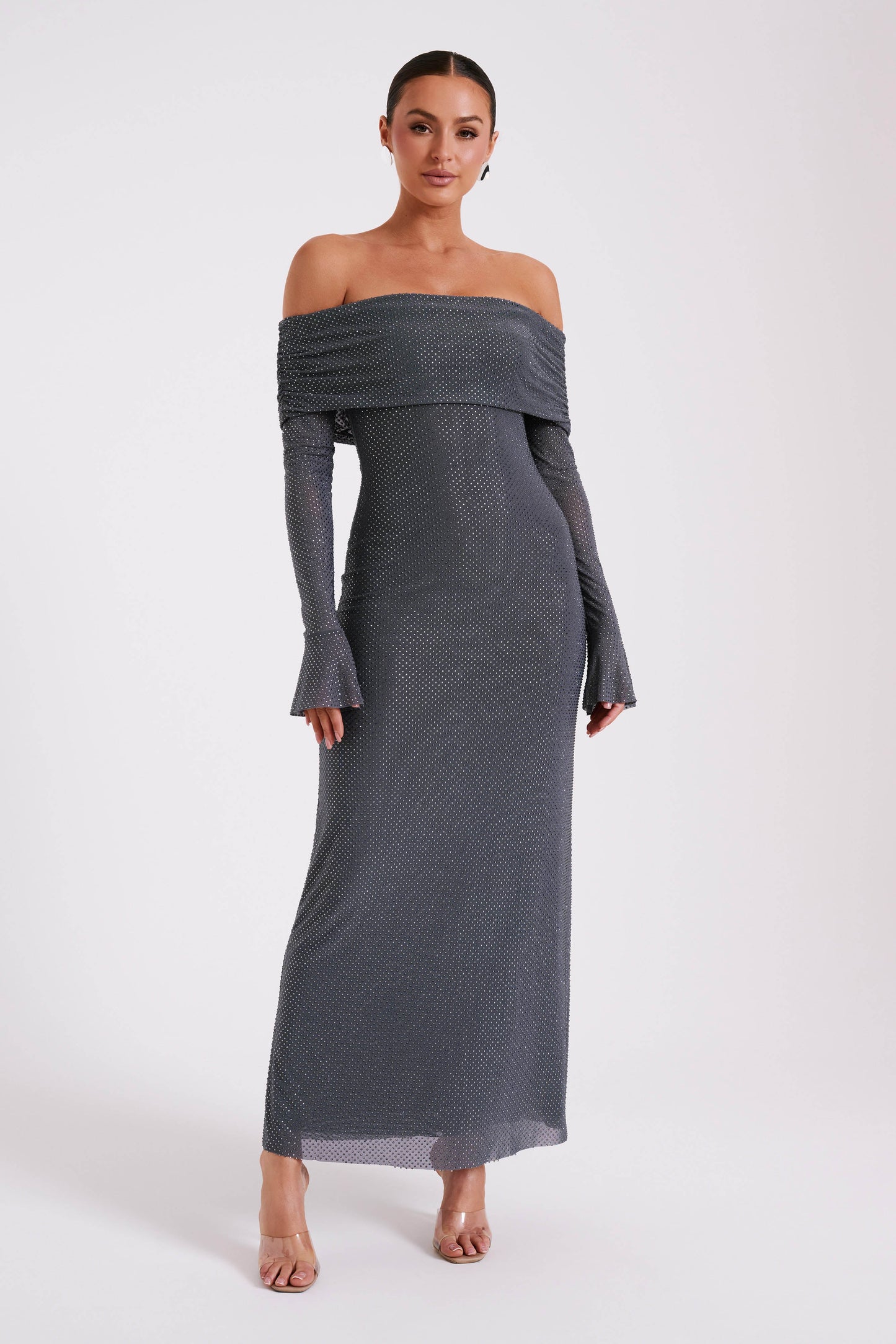 Marcel Off Shoulder Diamante Maxi Dress - Gunmetal