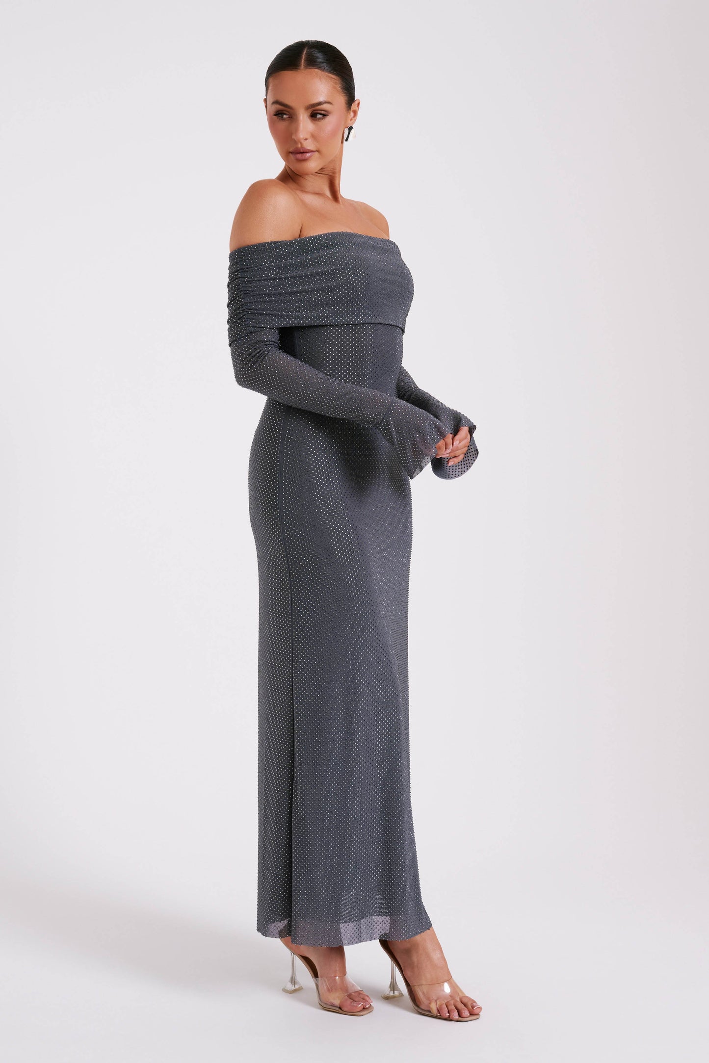 Marcel Off Shoulder Diamante Maxi Dress - Gunmetal