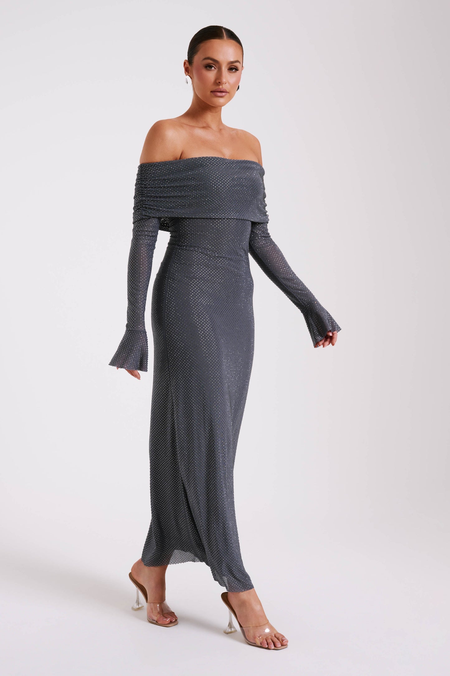 Marcel Off Shoulder Diamante Maxi Dress - Gunmetal