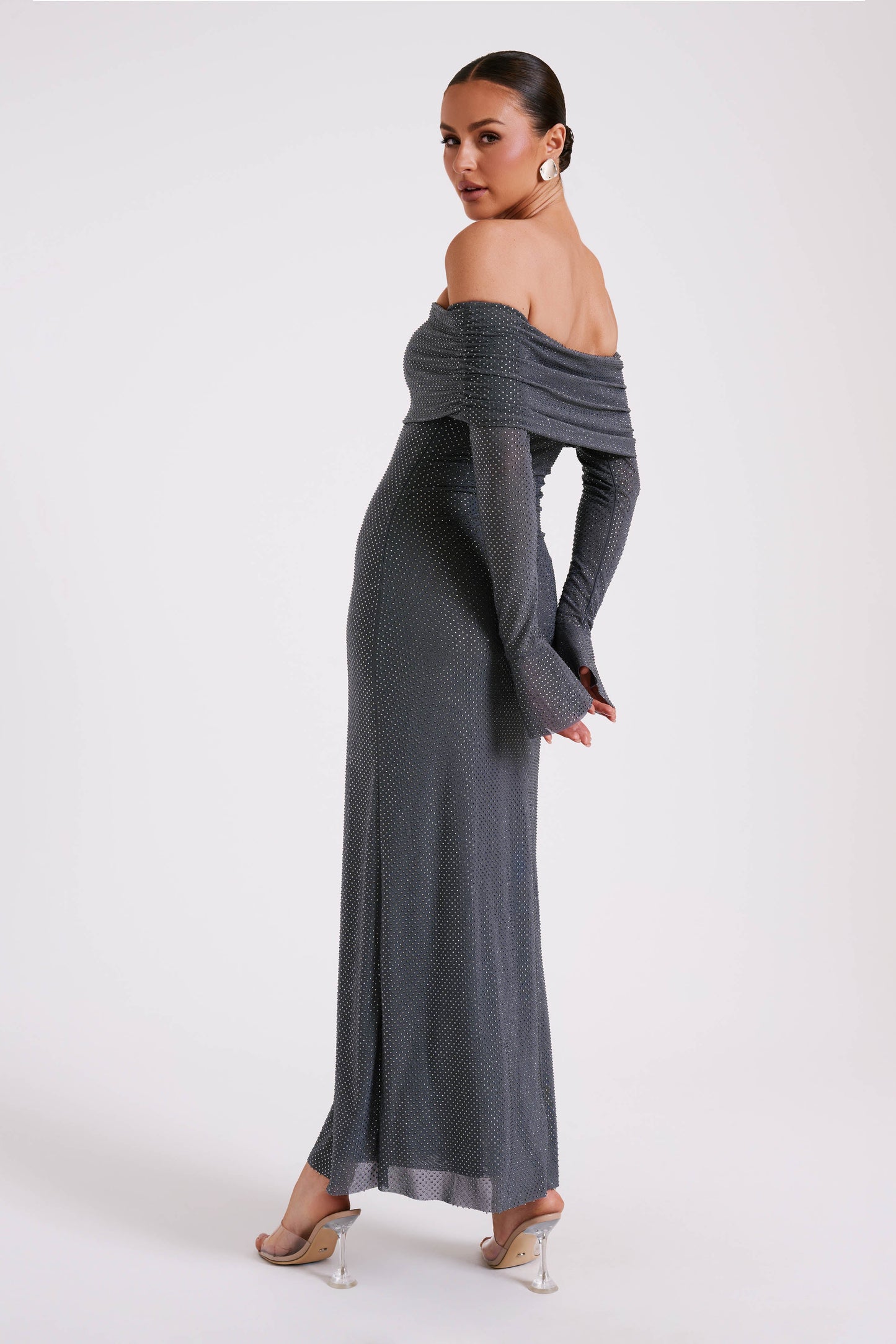 Marcel Off Shoulder Diamante Maxi Dress - Gunmetal