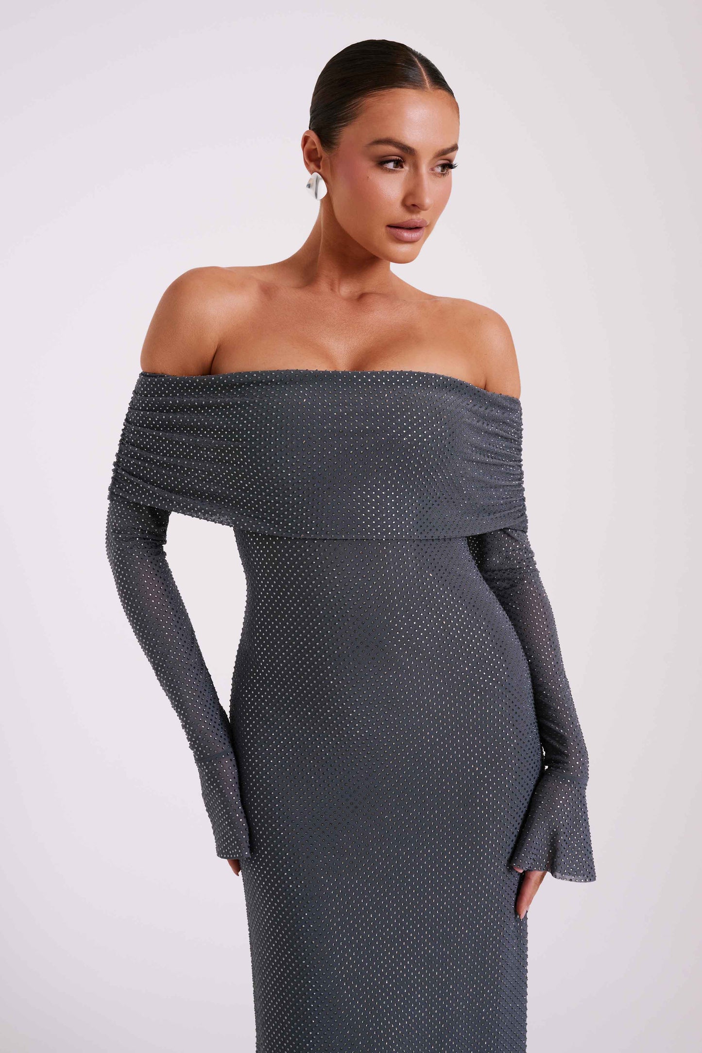 Marcel Off Shoulder Diamante Maxi Dress - Gunmetal