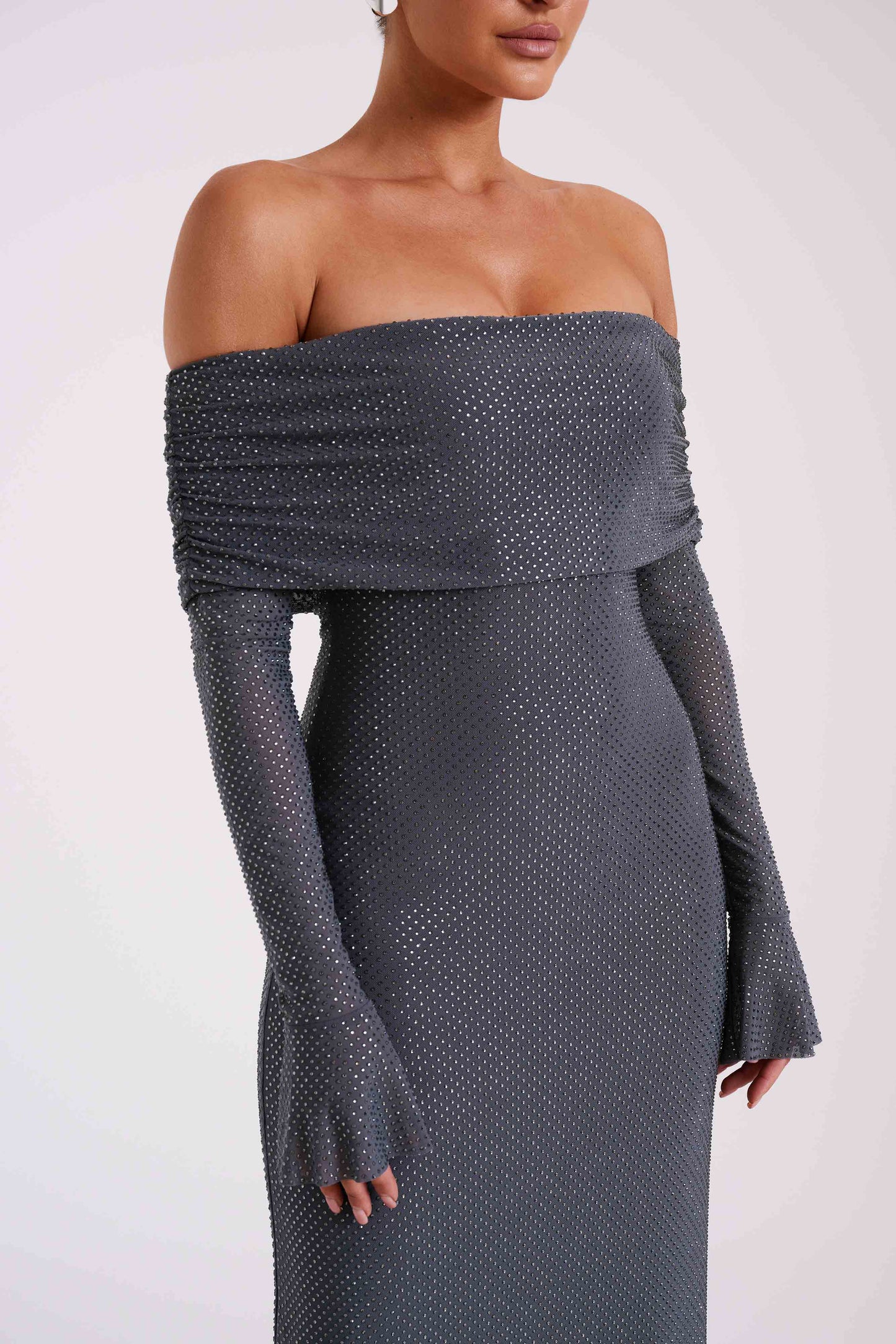 Marcel Off Shoulder Diamante Maxi Dress - Gunmetal