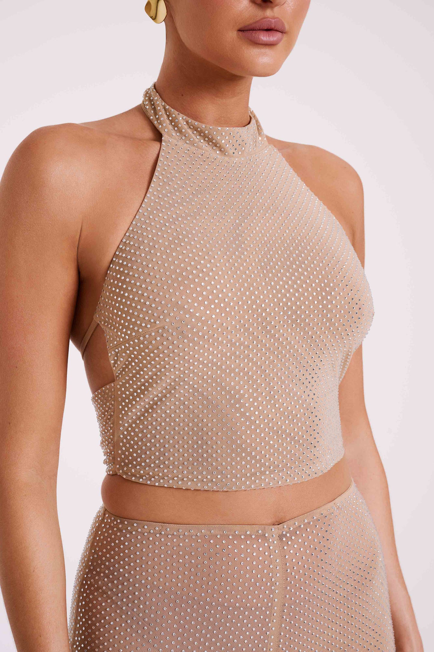 Mariah Diamante Halter Neck Top - Nude