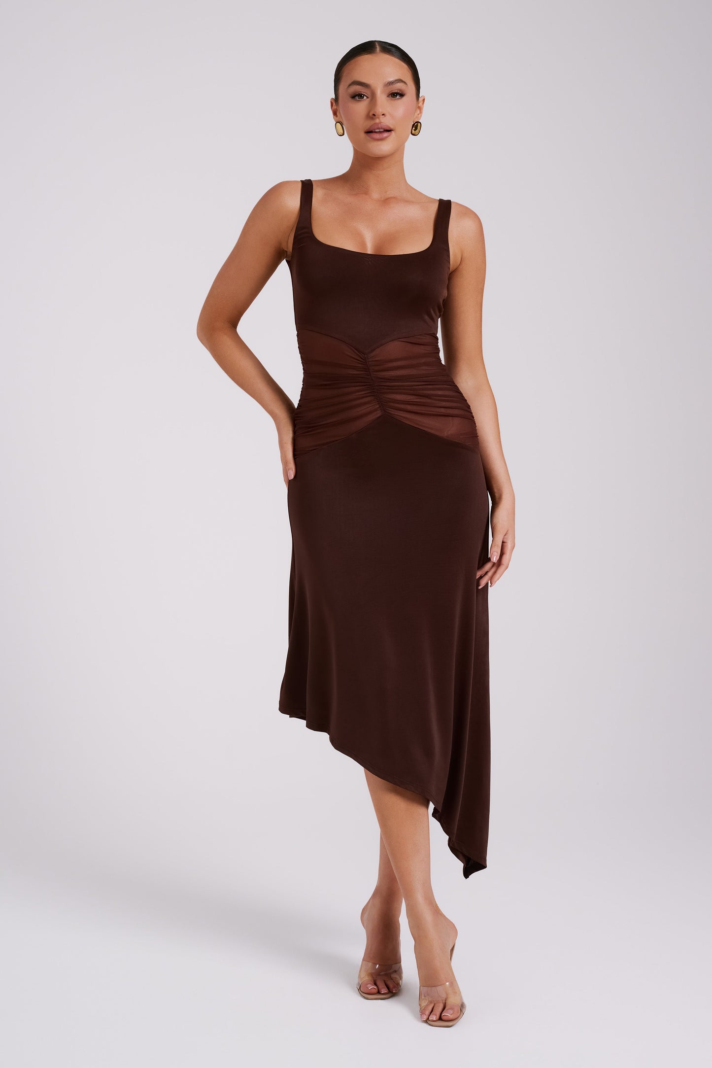 Kora Mesh Panelled Midi Dress - Dark Brown