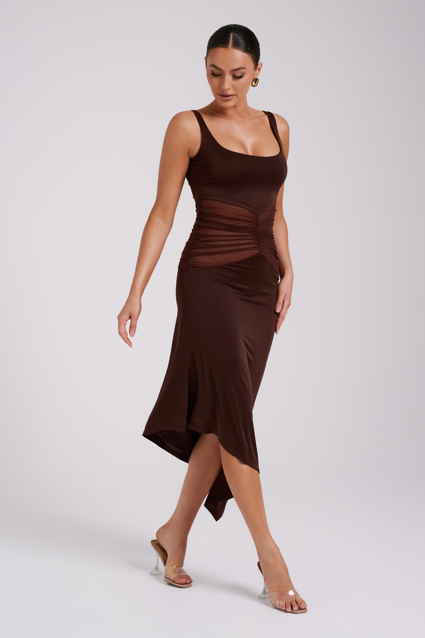 Kora Mesh Panelled Midi Dress - Dark Brown