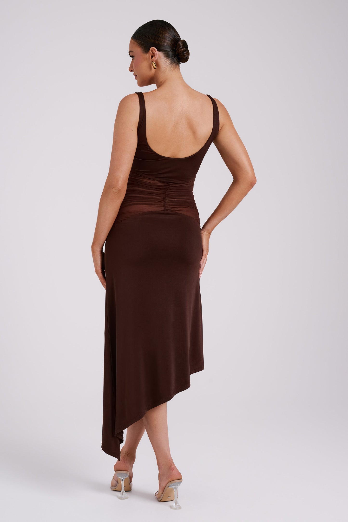 Kora Mesh Panelled Midi Dress - Dark Brown