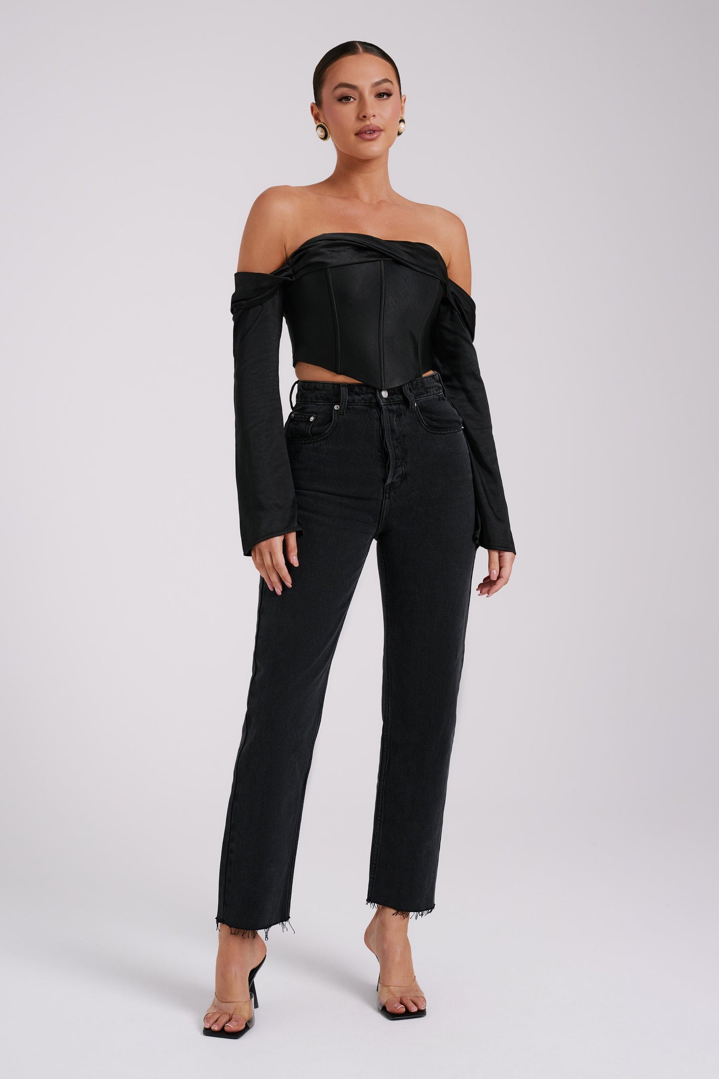 Giselle Satin Off Shoulder Top - Black