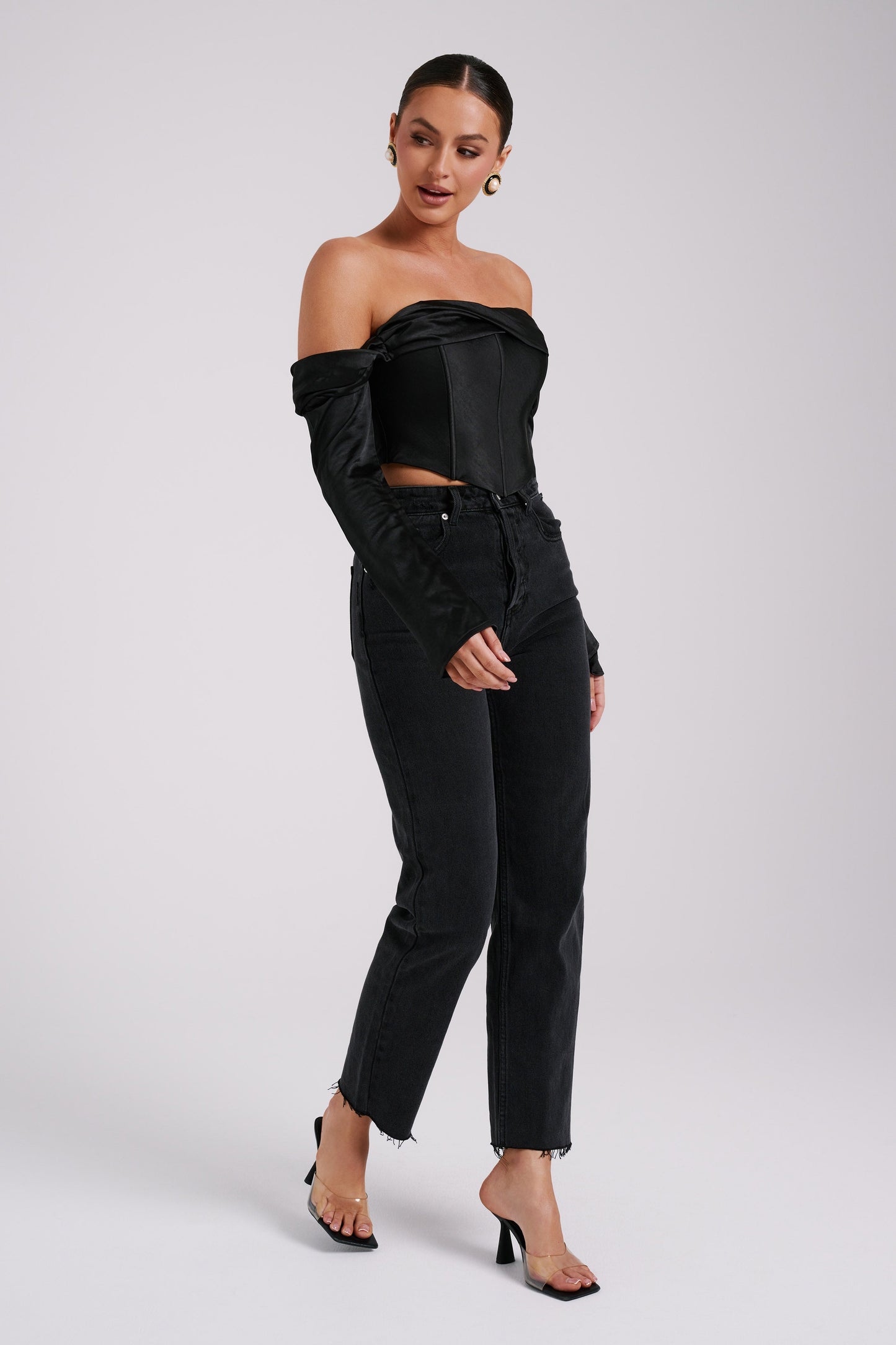 Giselle Satin Off Shoulder Top - Black