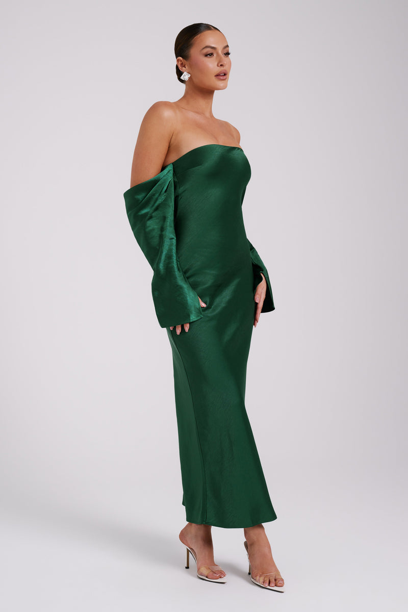 Vee Off Shoulder Satin Midi Dress - Emerald- MESHKI U.S