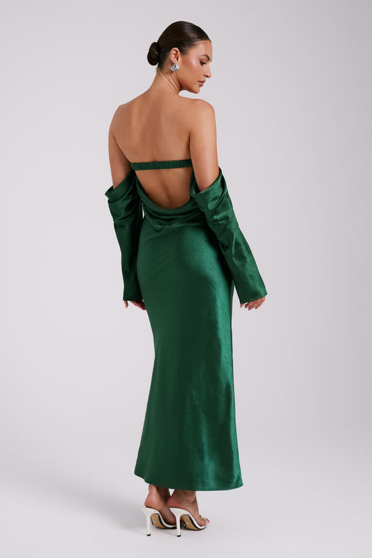 Vee Off Shoulder Satin Midi Dress - Emerald