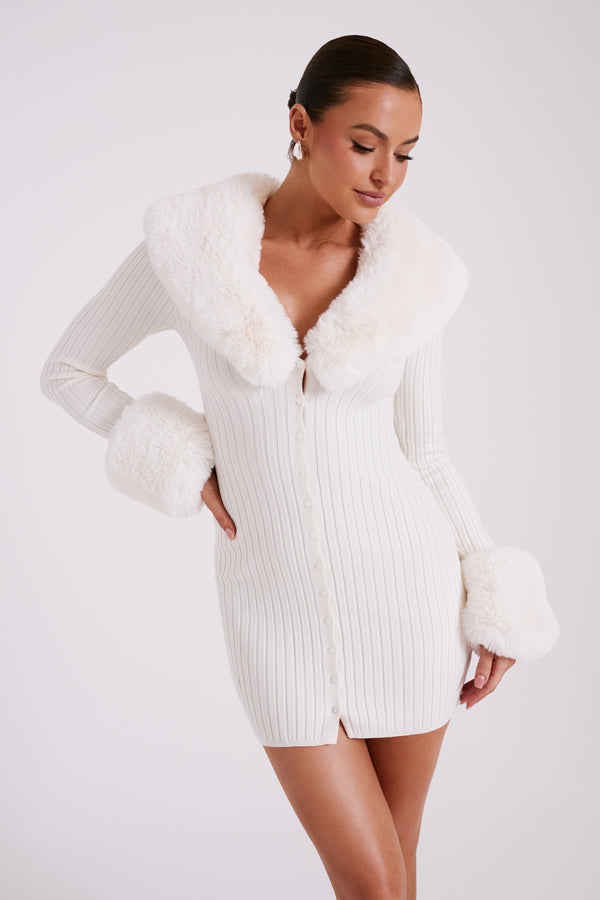 Aurora Fur Trim Knit Mini Dress - Ivory - MESHKI U.S