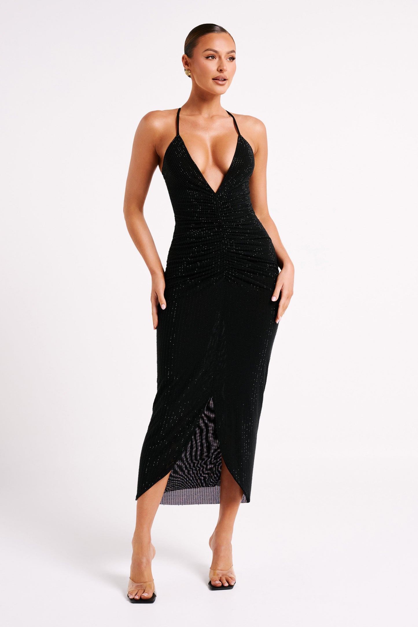 Emeraude Diamante Ruched Midi Dress - Black