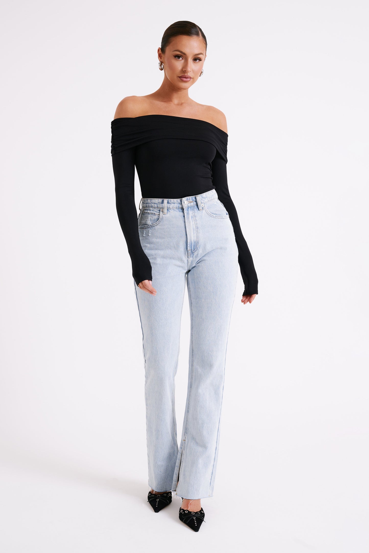 Lucinda Recycled Nylon Off Shoulder Top - Black