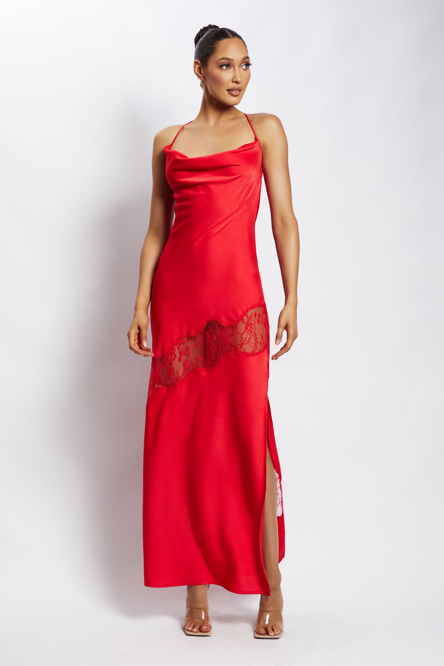 Chandra Lace Detail Satin Maxi Dress - Red