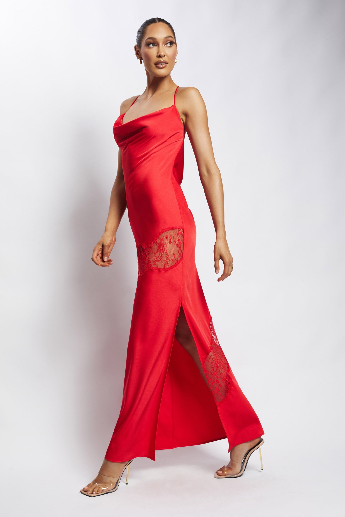 Chandra Lace Detail Satin Maxi Dress - Red