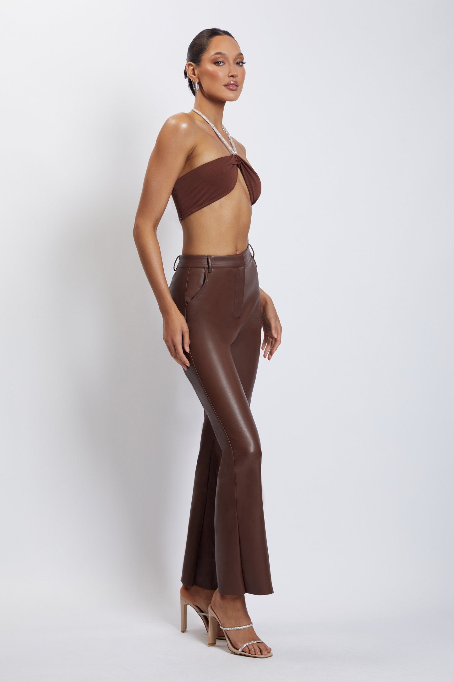 Lea Diamante Chain Halter Neck Crop Top - Chocolate