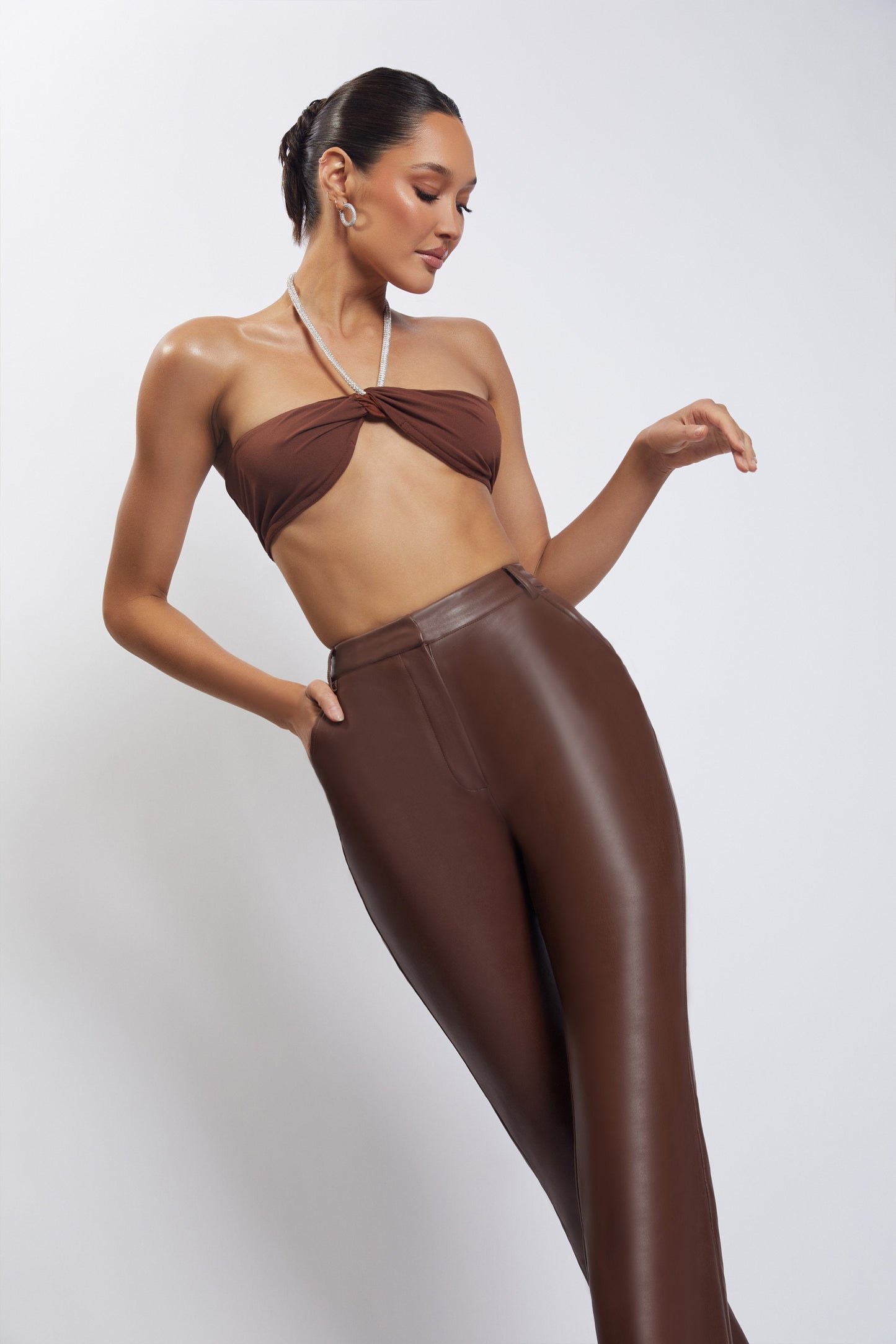 Lea Diamante Chain Halter Neck Crop Top - Chocolate