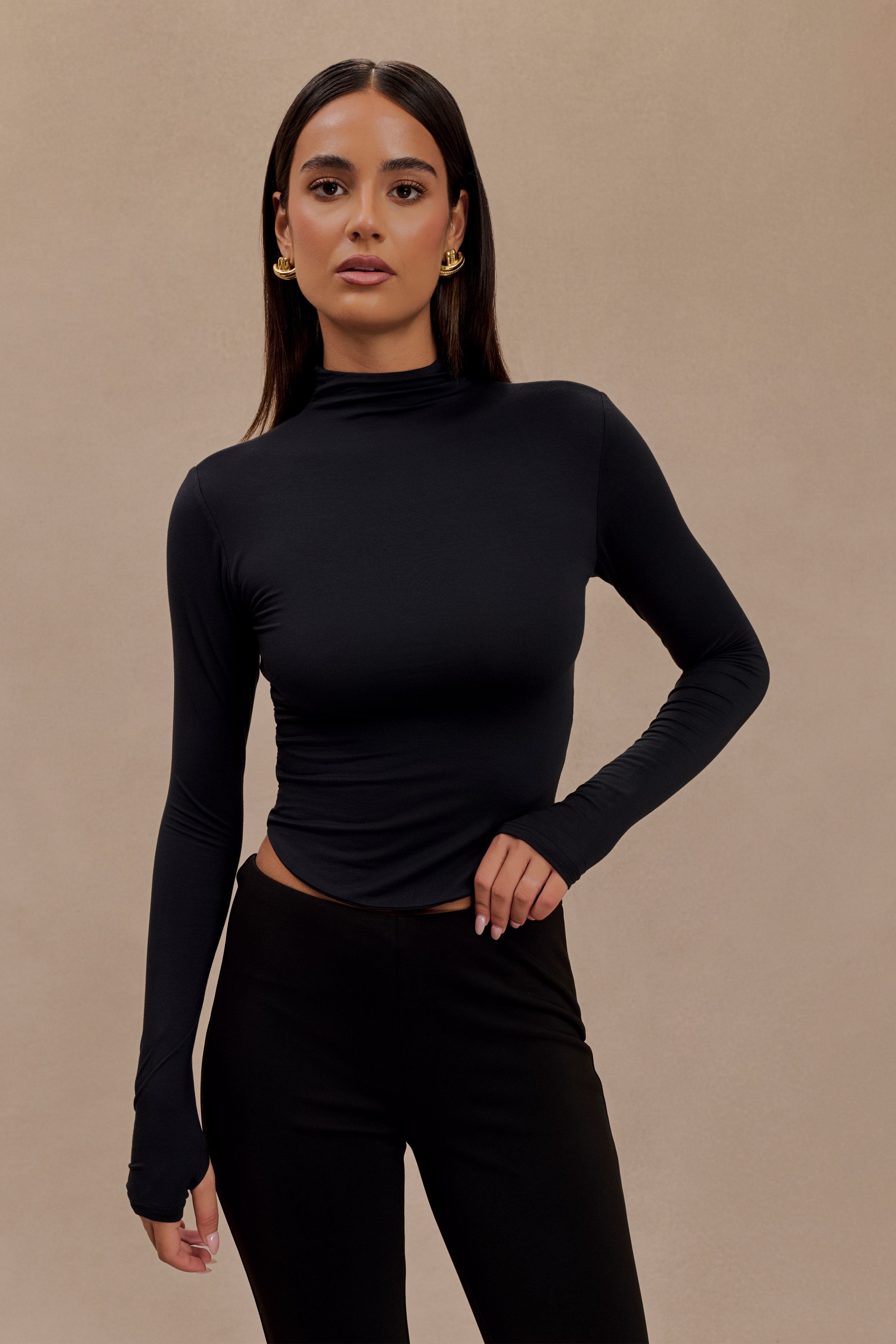 High neck black long sleeve best sale