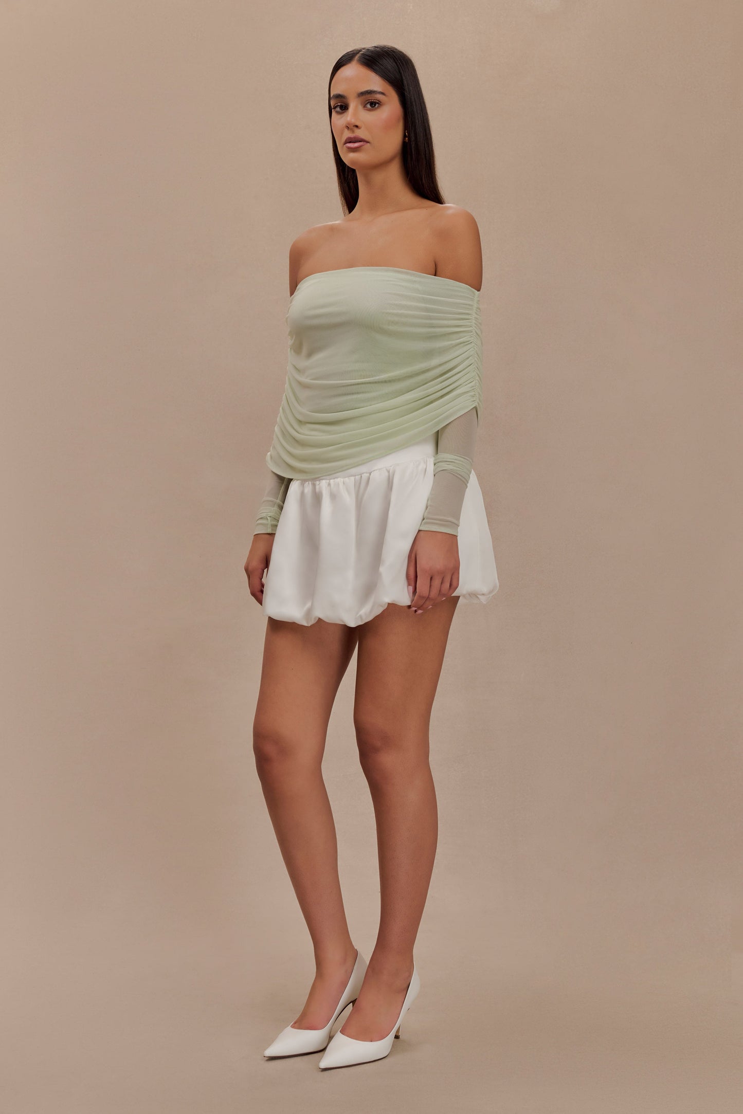 Everly Sheer Mesh Off Shoulder Top - Pastel Green