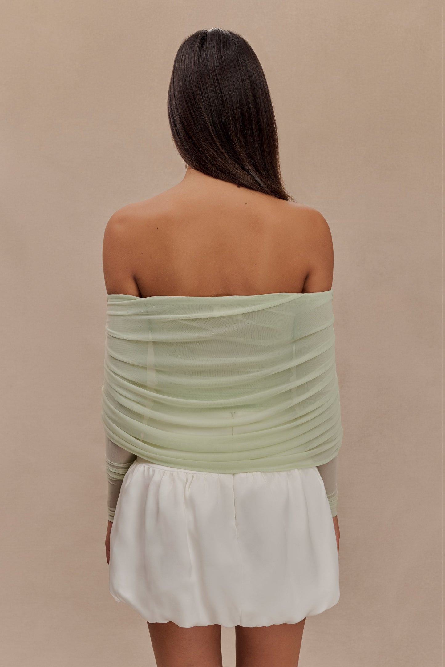 Everly Sheer Mesh Off Shoulder Top - Pastel Green