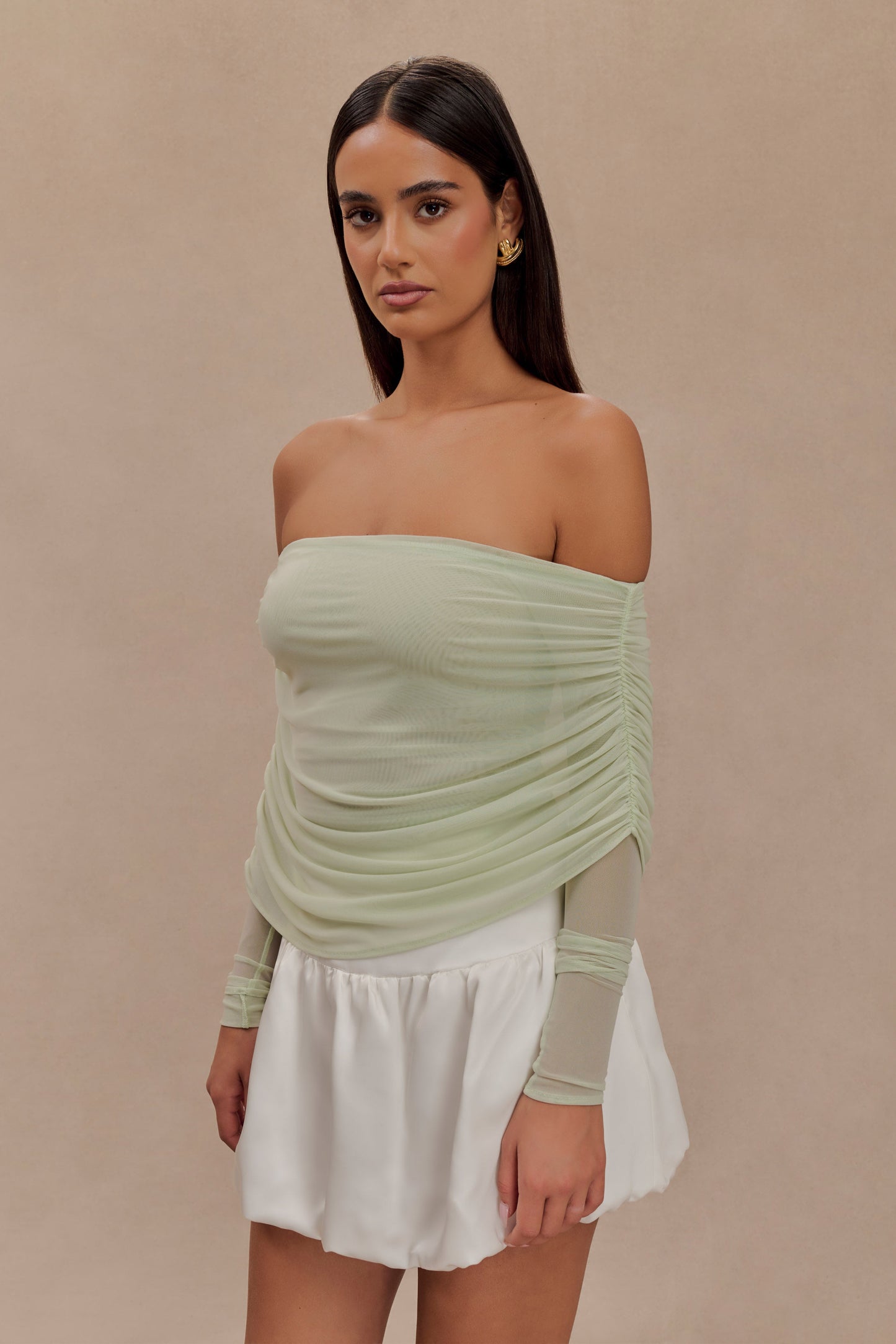 Everly Sheer Mesh Off Shoulder Top - Pastel Green