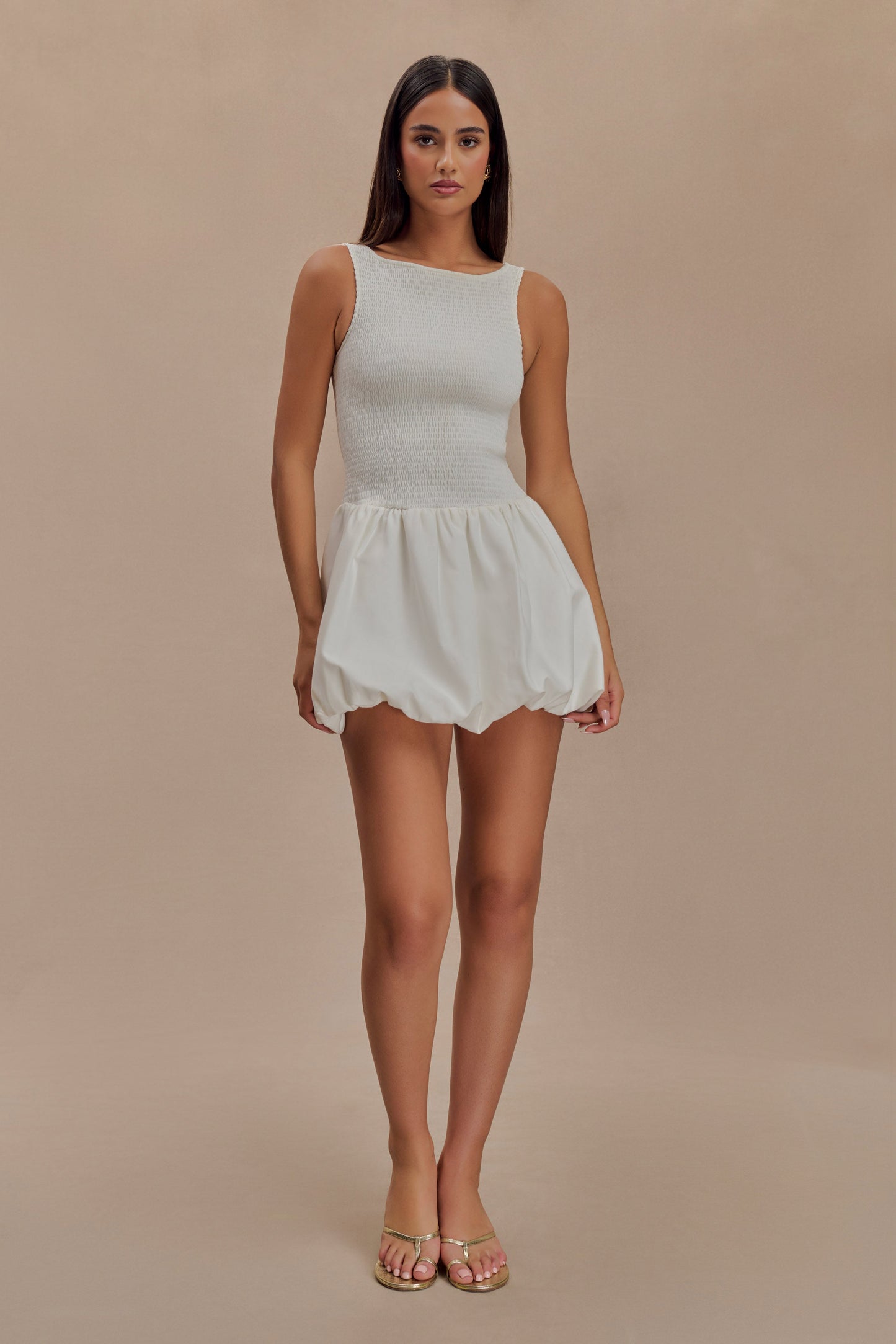 Felicity Shirring Bubble Cotton Mini Dress - White