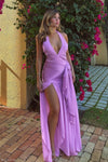 Graziana Satin Chiffon Plunge Maxi Dress - Violet