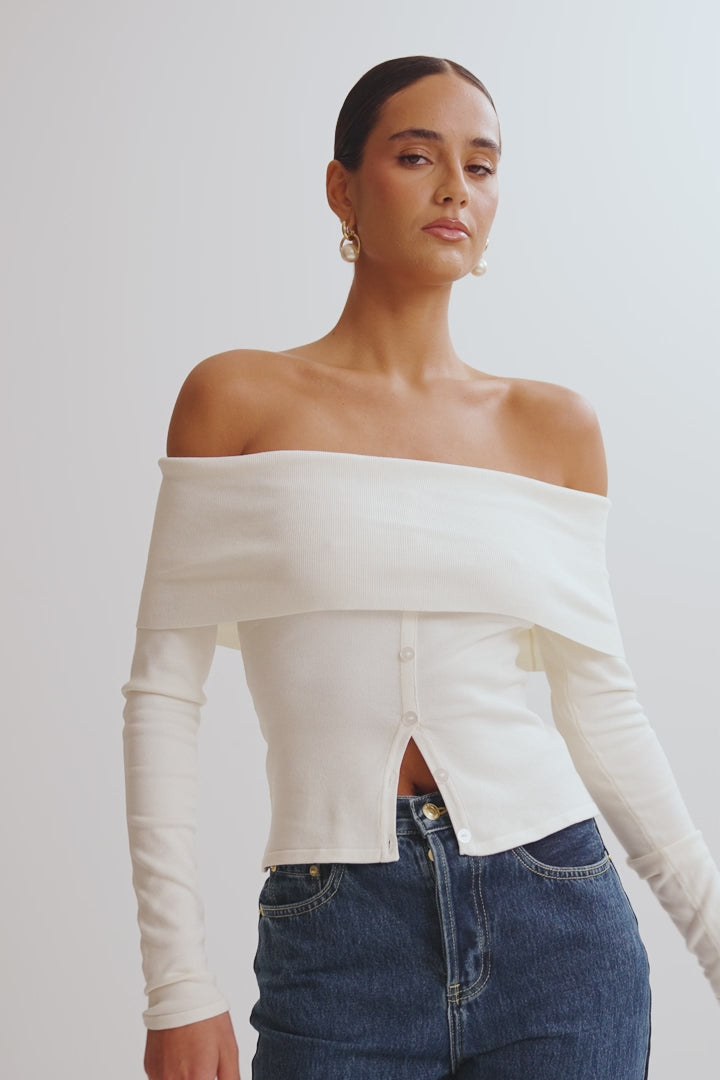 Diedre Buttoned Off Shoulder Knit Top - White