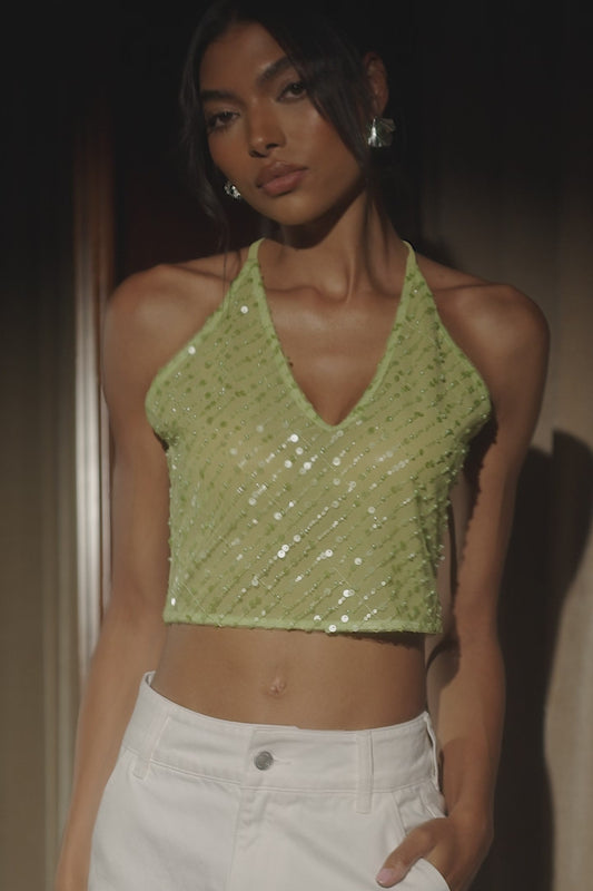 Brielle Sequin Halter Top - Parakeet Green