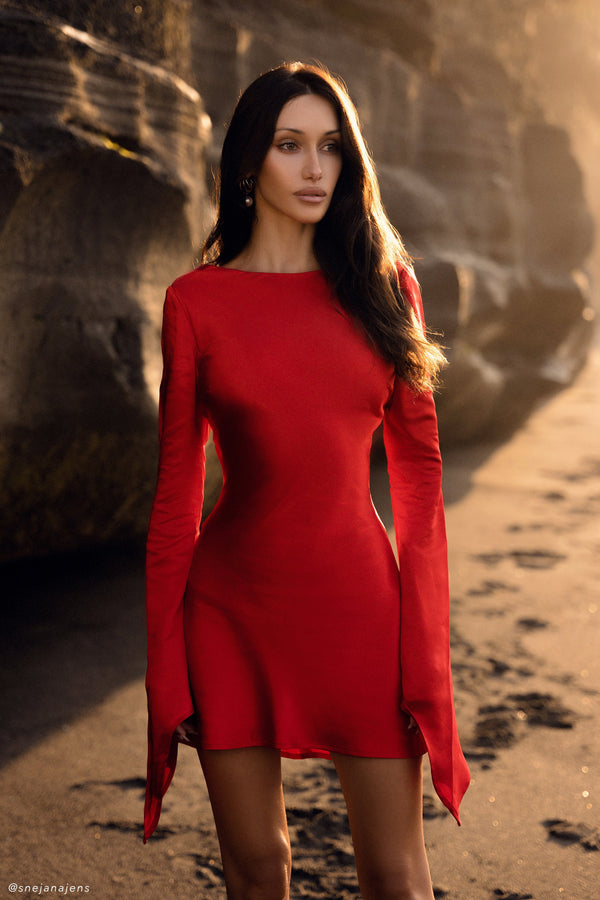 Davina Satin Long Sleeve Mini Dress - Red - MESHKI U.S