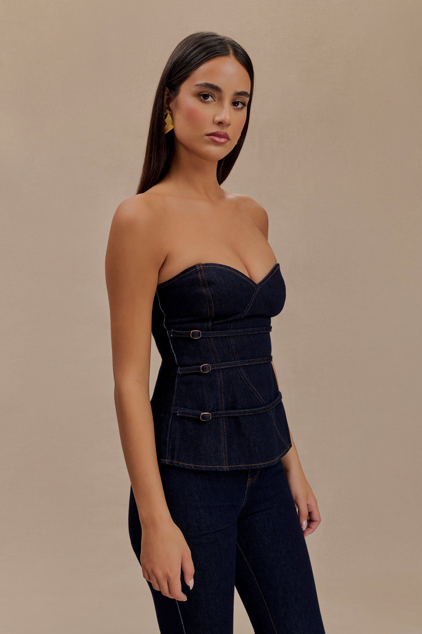 Sylas Strapless Buckle Denim Top - Indigo Blue