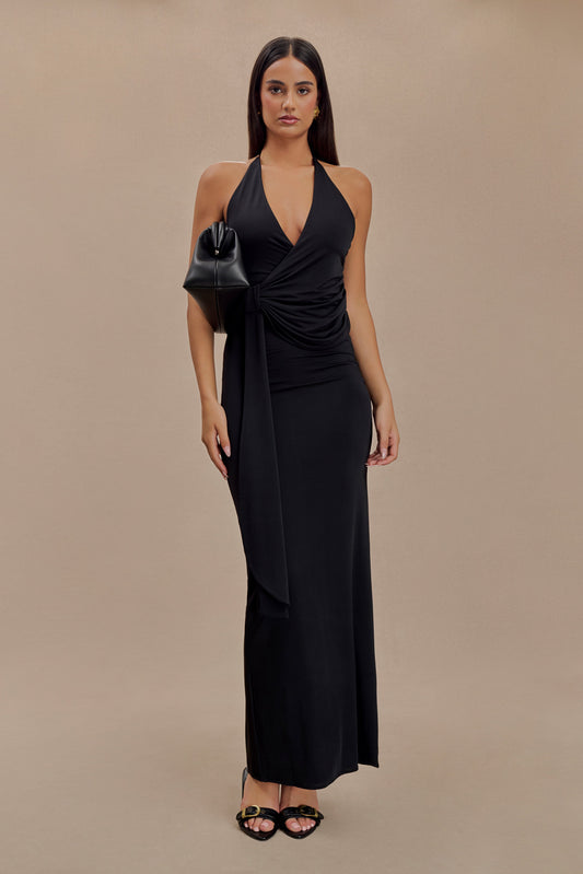 Tyla Draped Slinky Halter Maxi Dress - Black