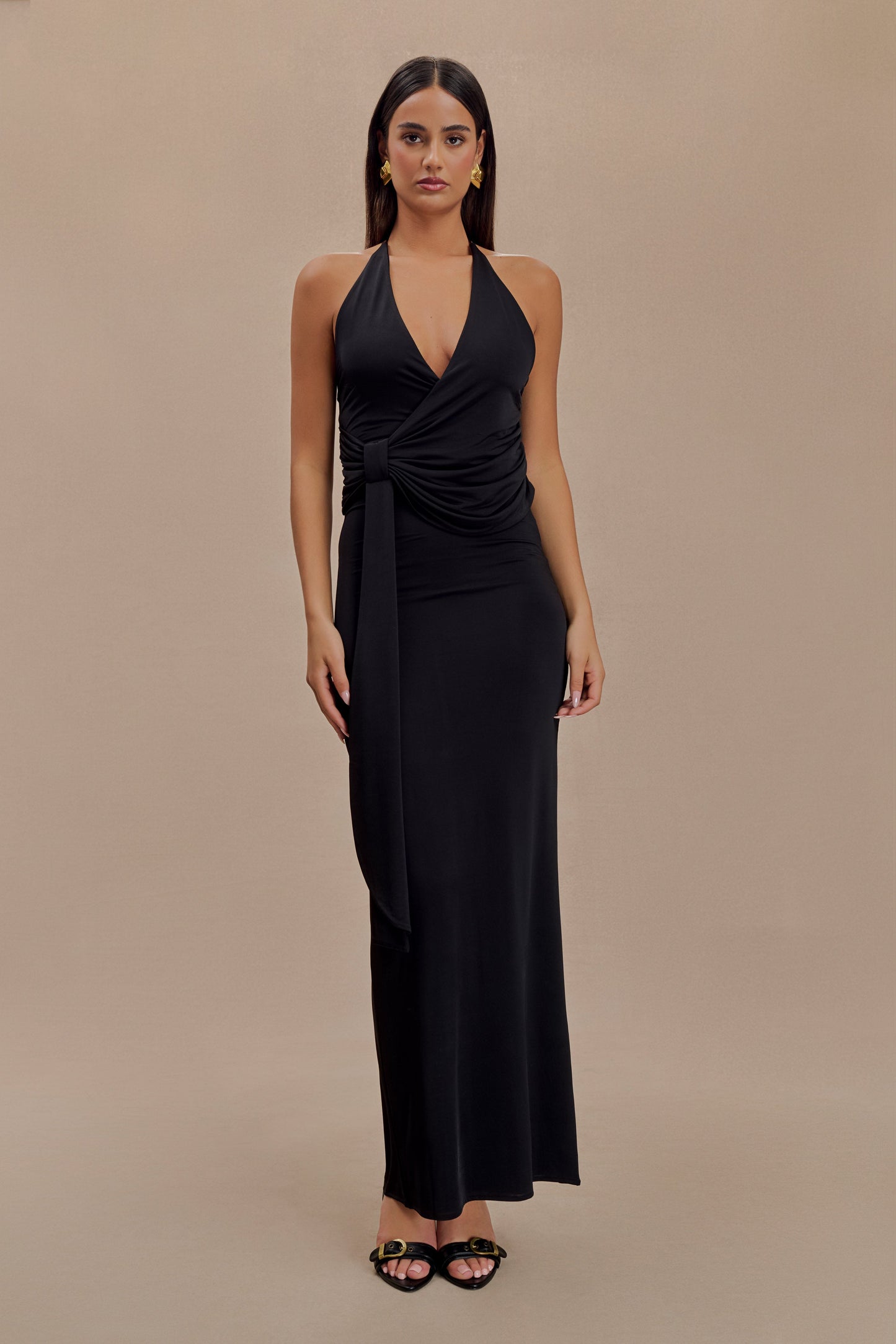 Tyla Draped Slinky Halter Maxi Dress - Black