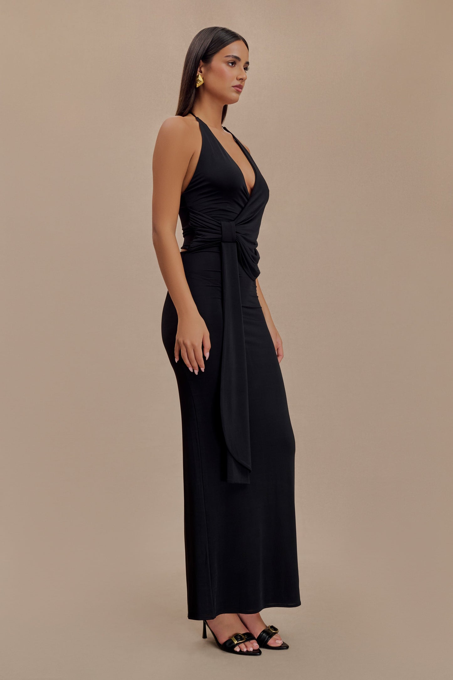 Tyla Draped Slinky Halter Maxi Dress - Black