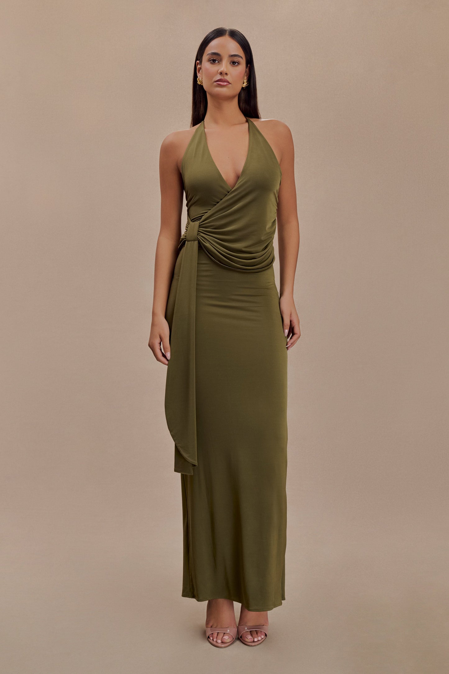 Tyla Draped Slinky Halter Maxi Dress - Dark Olive